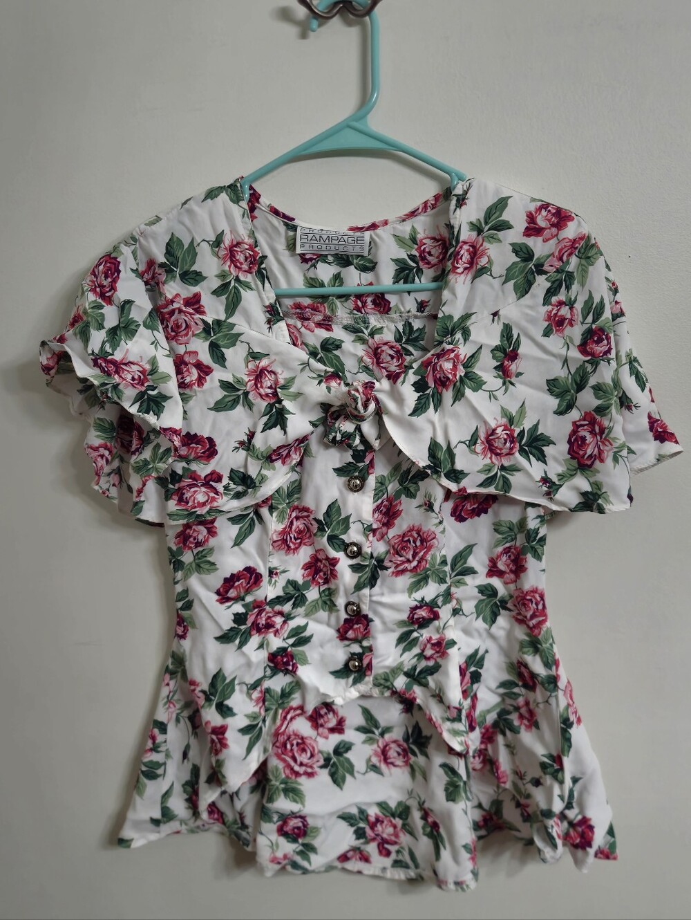 Rampage White Floral Tie-Front Blouse - Pink & Green Roses